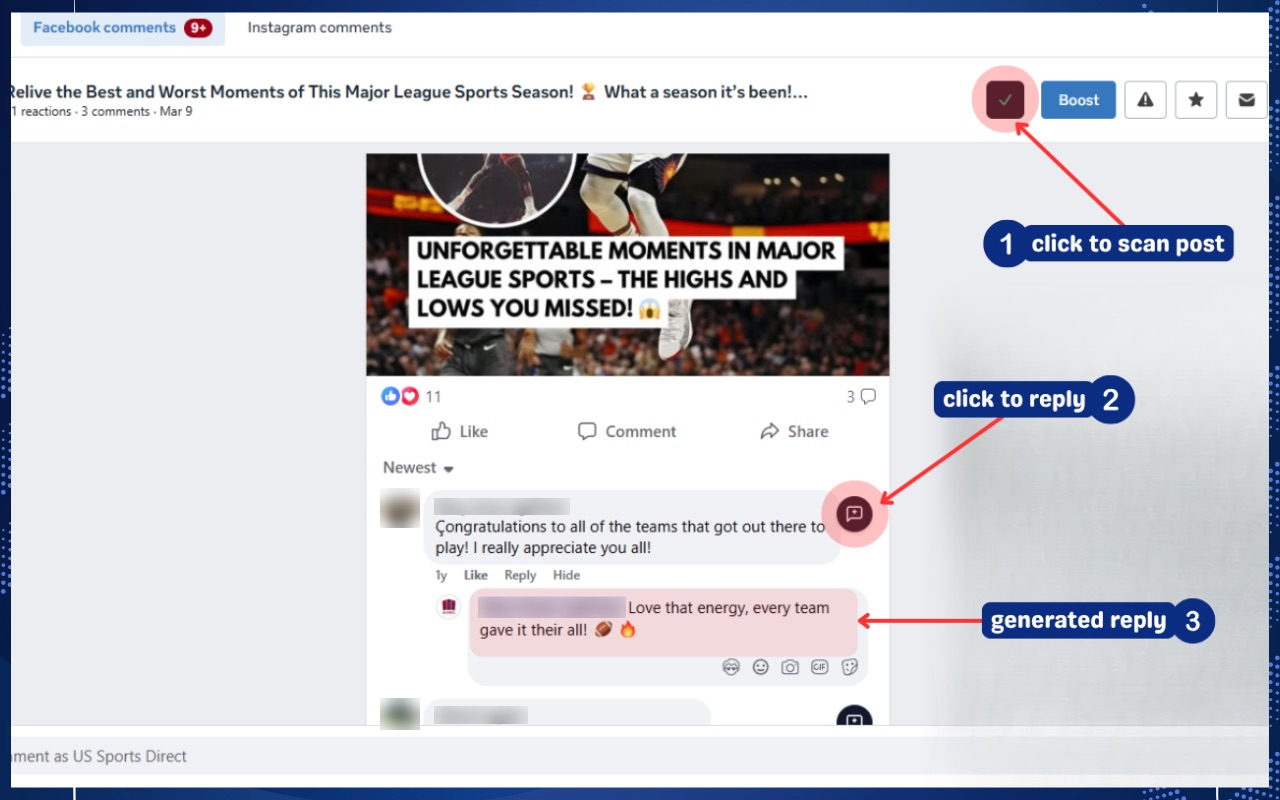 An AI reply written directly into the Facebook reply box in Meta Business Suite