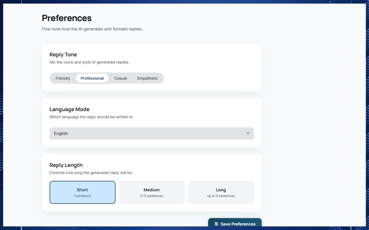 The Preferences screen with Reply Tone, Language Mode and Reply Length settings